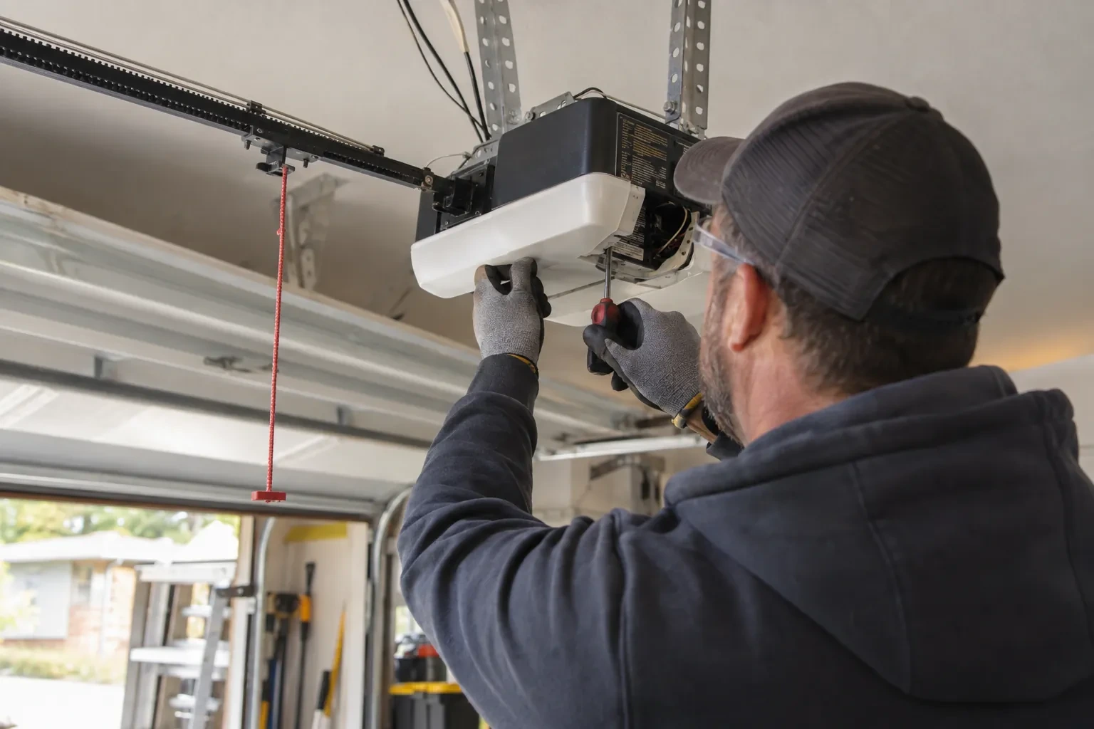 Technician in a mesh cap lifting the white cover of a ceiling opener while a red screwdriver points at the wiring inside. — Flemingdon Park