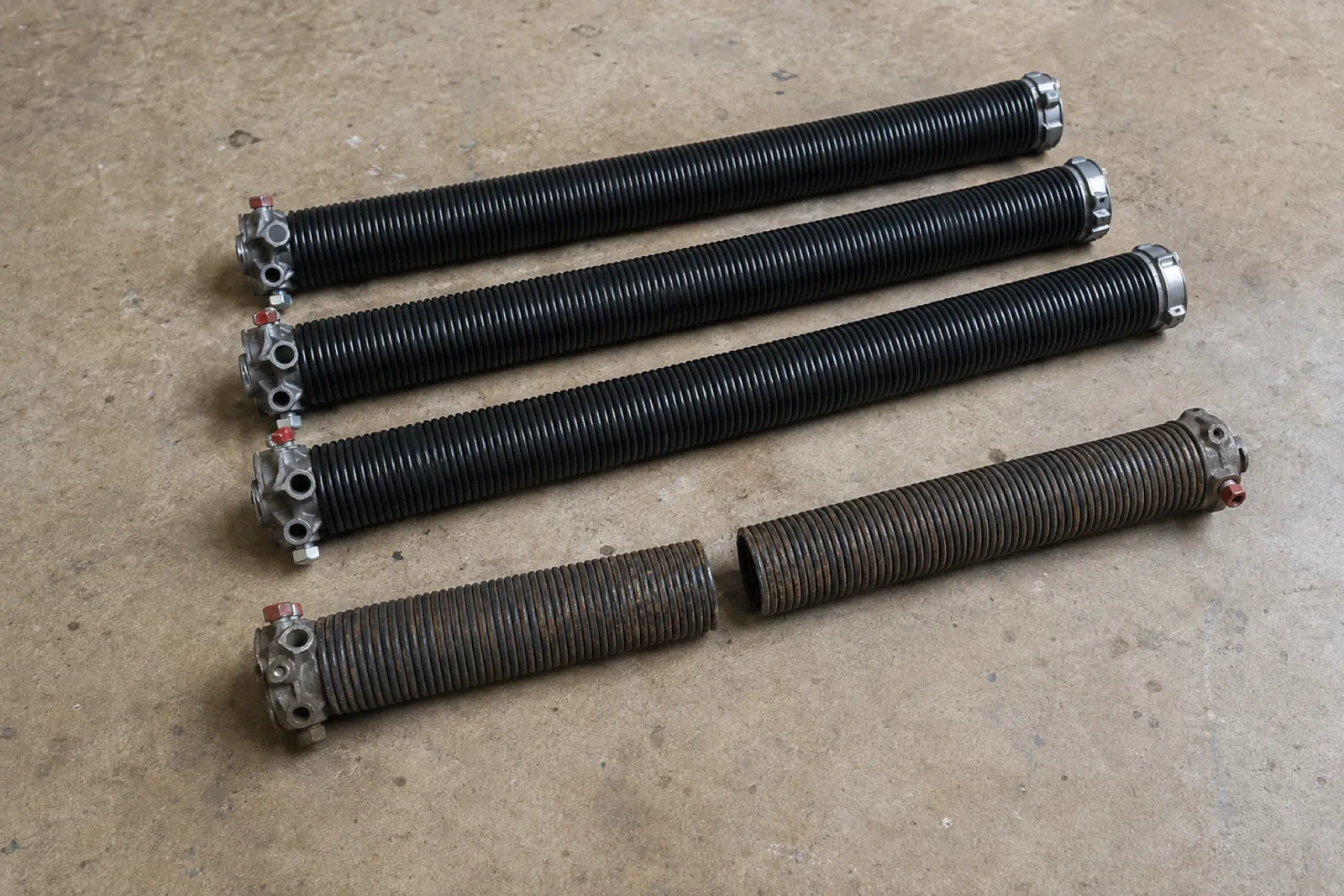 Four long coiled garage-door springs on a concrete floor, three black with metal end cones and one rusty spring broken in two.