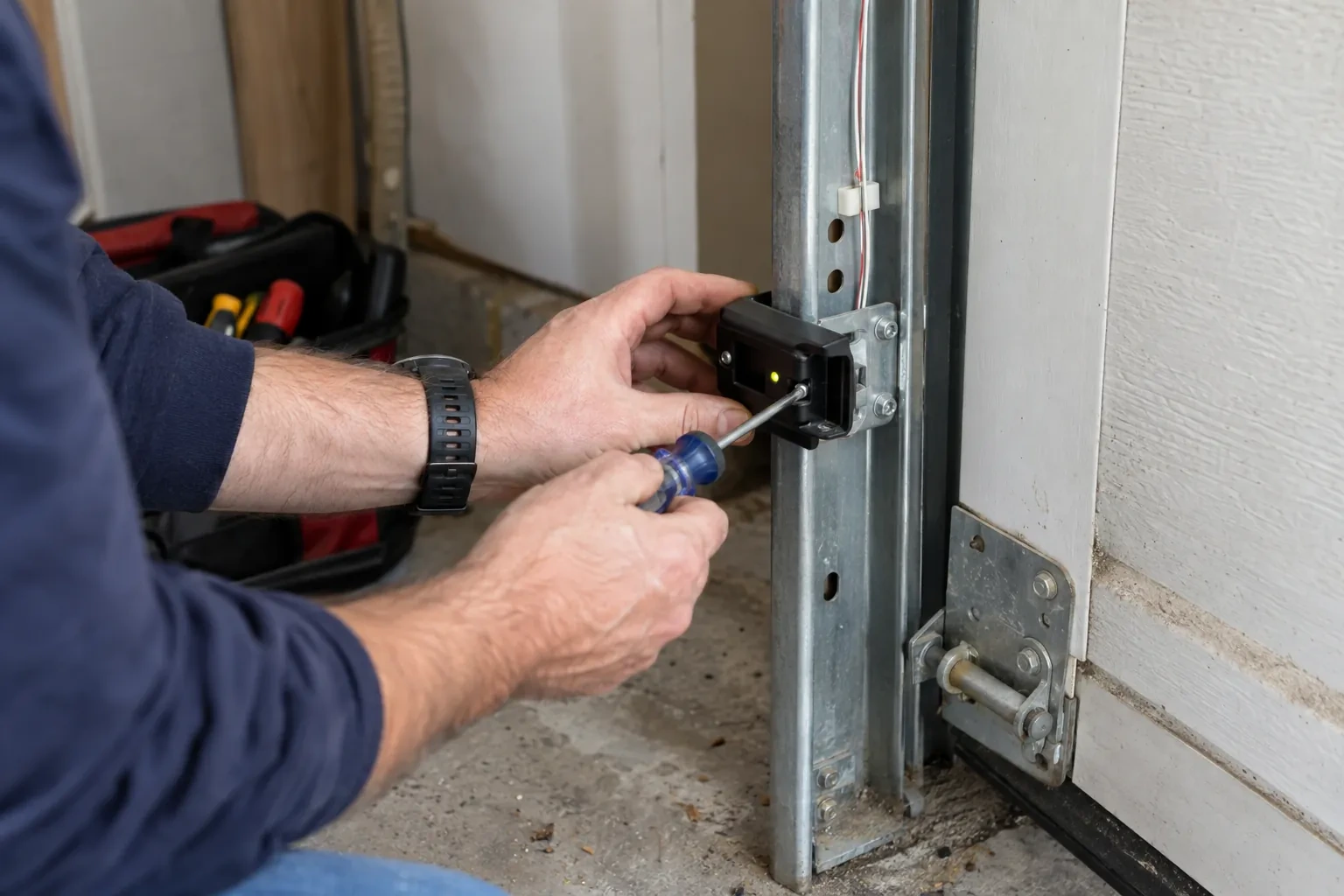 Hands using a blue-handled screwdriver on a small black box with a green light, mounted to a galvanized garage-door track.