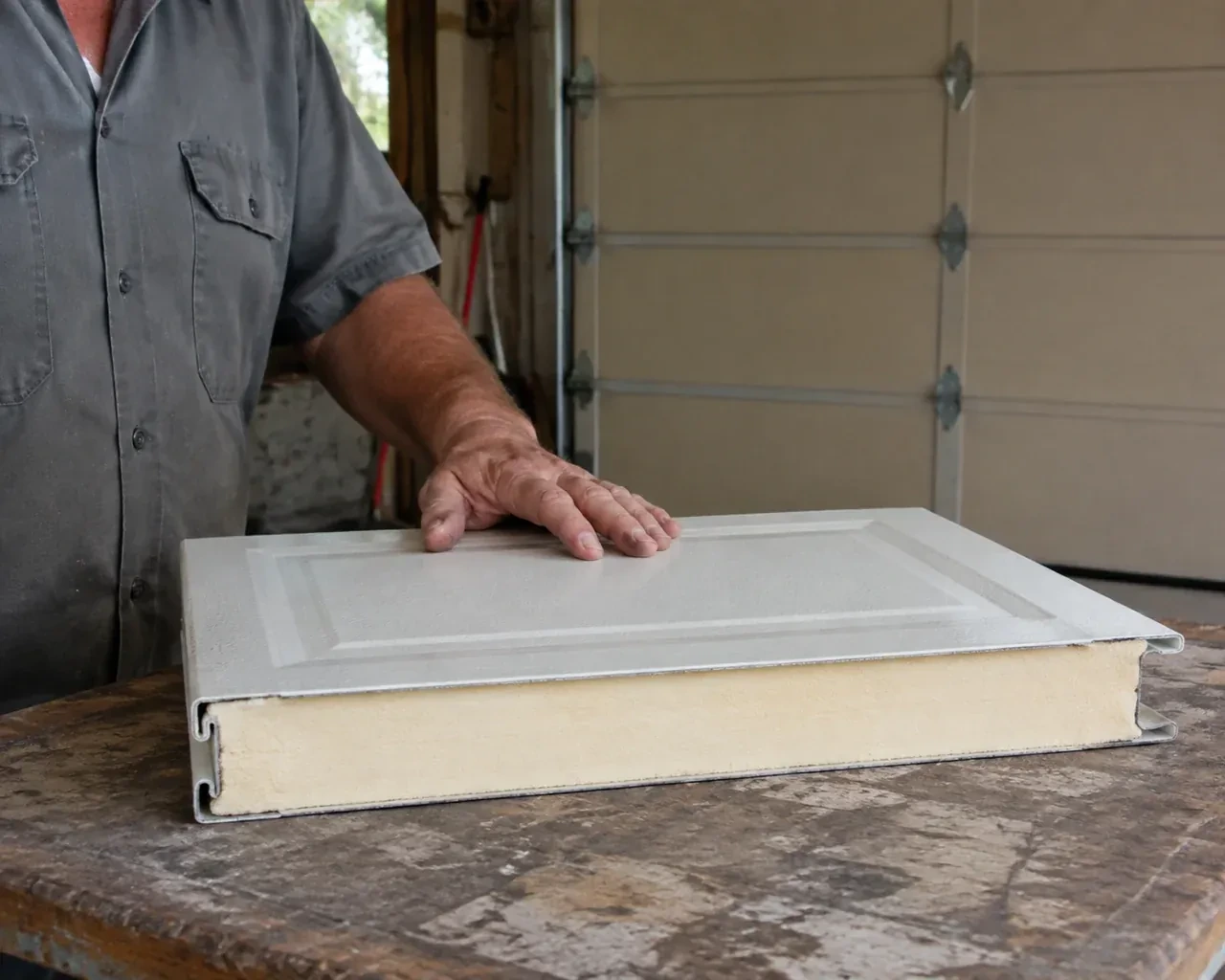 A panel sample exposes a cream foam core between thin metal faces on a garage workbench. — Insulated Steel Garage Door Installation, Toronto
