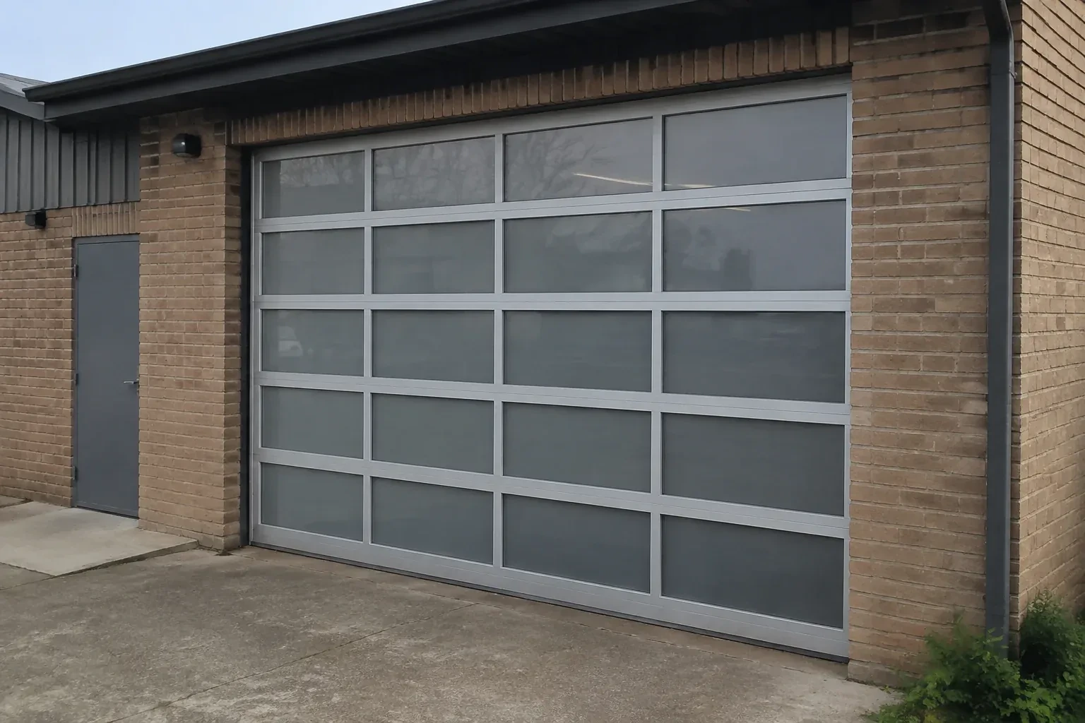 Closed glazed sectional door in a grey metal frame at a brick workshop. — Full-View Glass Garage Door Installation, Toronto