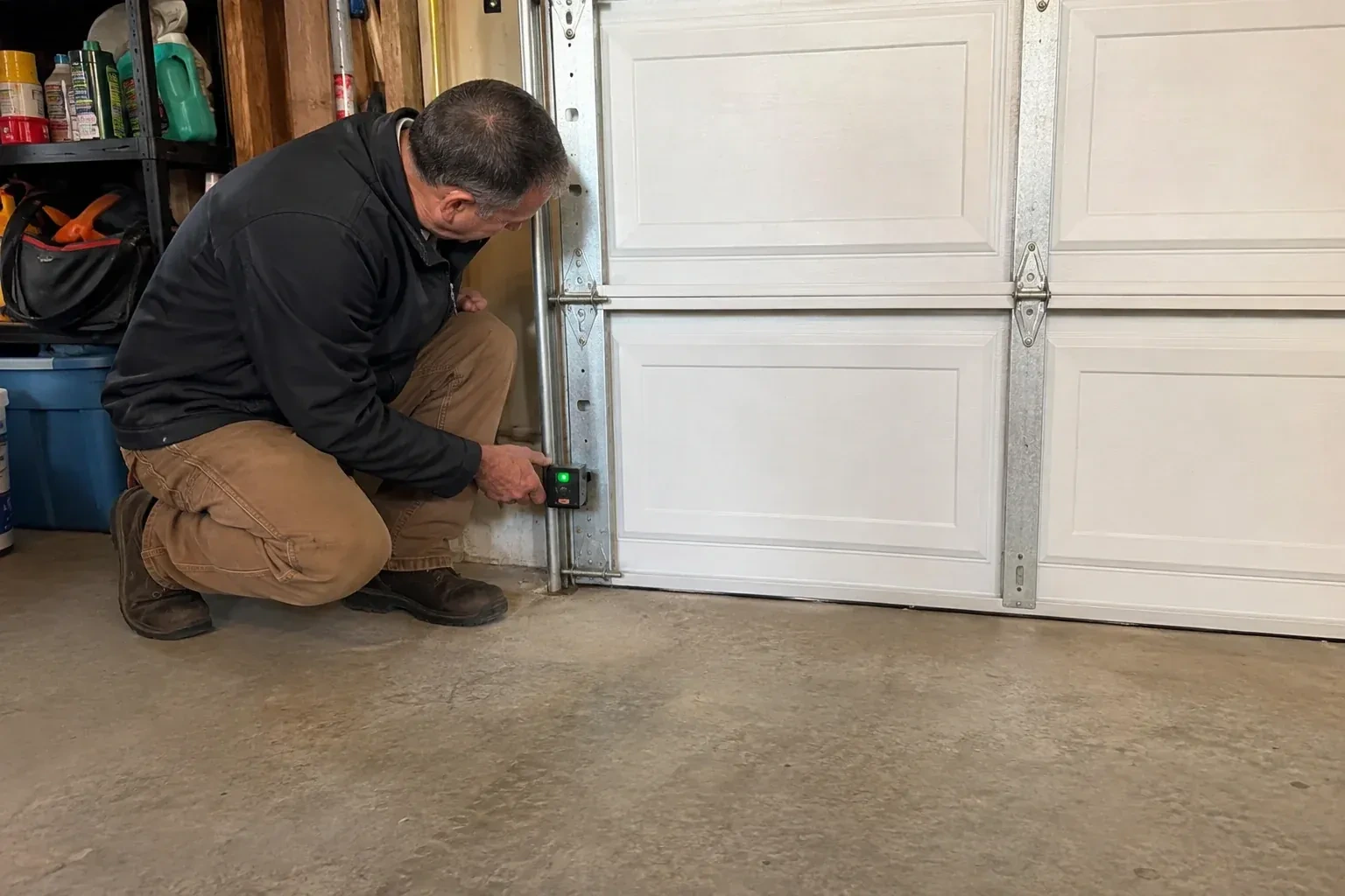Technician kneeling beside a white paneled garage door, holding a small black box with a green light against the vertical track. — Photo-Eye Sensor Alignment or Replacement, Leaside