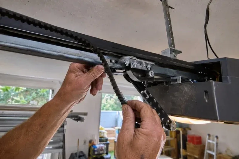 Hands holding a loose toothed belt beside the rail and trolley of an overhead garage-door opener. — Belt-Drive Opener Repair, Toronto
