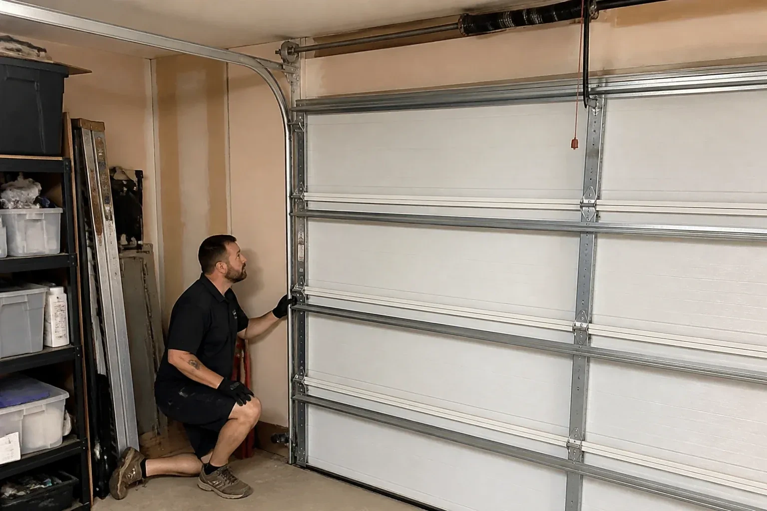 A person examines the vertical side track of a closed garage door. — Garage Door Track Repair or Replacement, Toronto