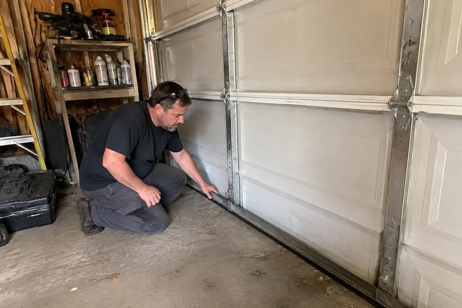 Person kneeling by a white paneled door in a garage, one hand on the black seal along its bottom edge. — Garage Door Roller Replacement, Toronto