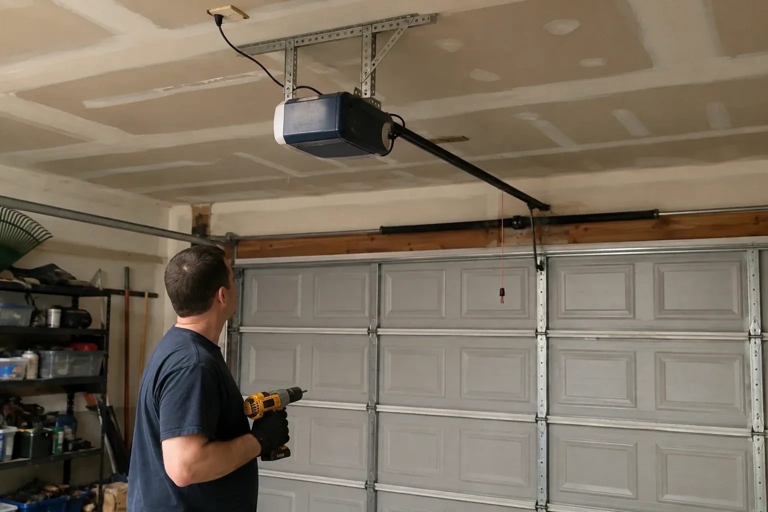 Person holding a yellow drill and looking up at a blue and white opener above a gray paneled garage door. — Chain-Drive Opener Repair, Toronto